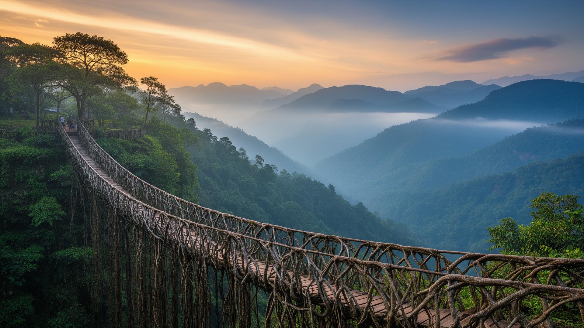 Misty mountains and a living root bridge in Northeast India at dawn